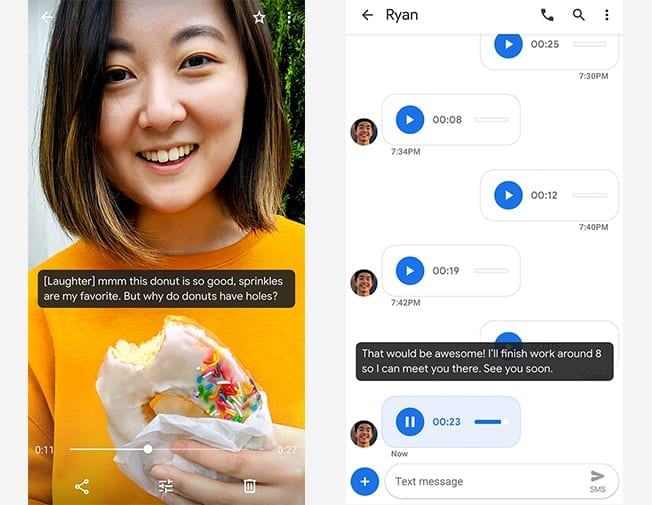 Screenshots showing Android's live captioning working on a video call and with audio voice notes.