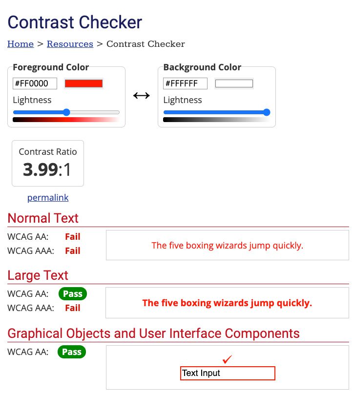 Screenshot of WebAIM's colour contrast checker showing red text on a white background failing accessibility standards for normal sized text.