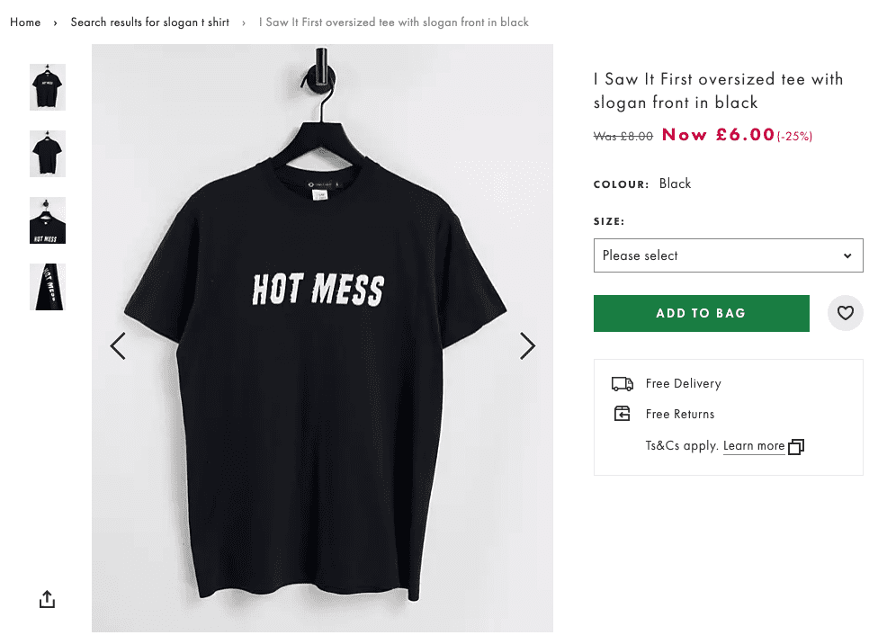 Asos website screenshot featuring a black t shirt with the words 'Hot Mess' written on it. The product title is 'I Saw It First oversized tee with slogan front in black'