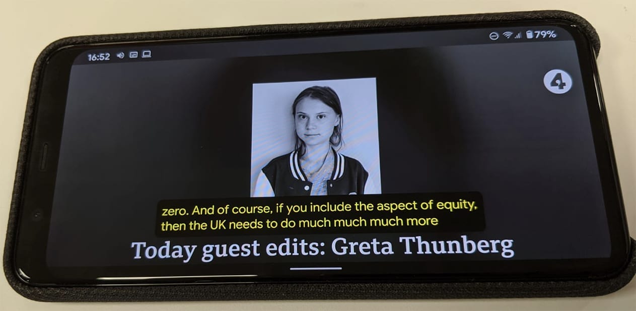 Live-captioning feature at work captioning Greta Thunberg's words on the Google Pixel 4 Phone