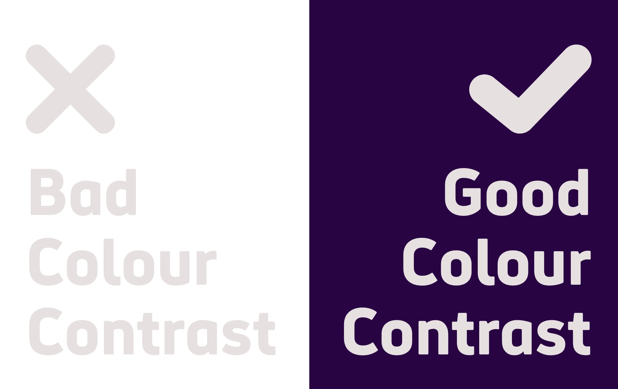 Example of good and bad colour contrast combinations for accessibility. On the left is light grey text on a white background. On the right is an example of good colour contrast with off-white text on a dark purple background.