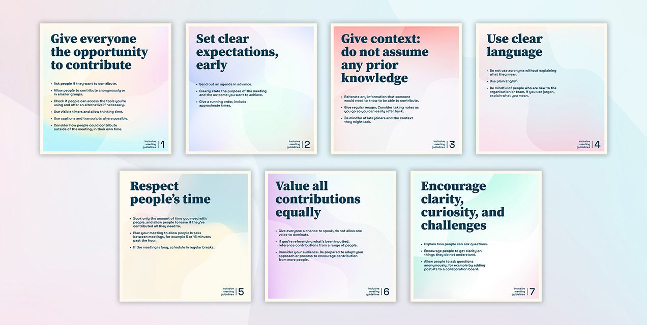 Inclusive meetings guidance in poster format, showing 7 guidelines for better meetings.